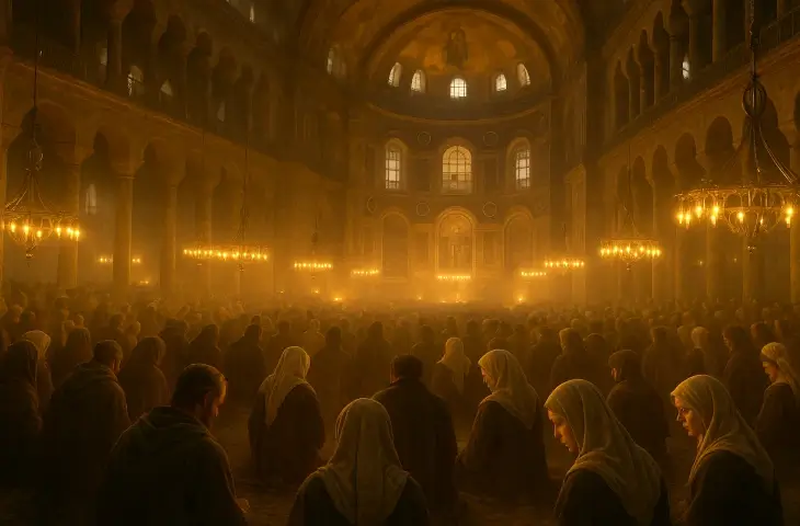 Kuşatma sırasında Ayasofya’da toplanmış kalabalık Bizans halkının loş ışıklar altında dua ettiği, mistik ve gergin atmosferin hâkim olduğu sahne.